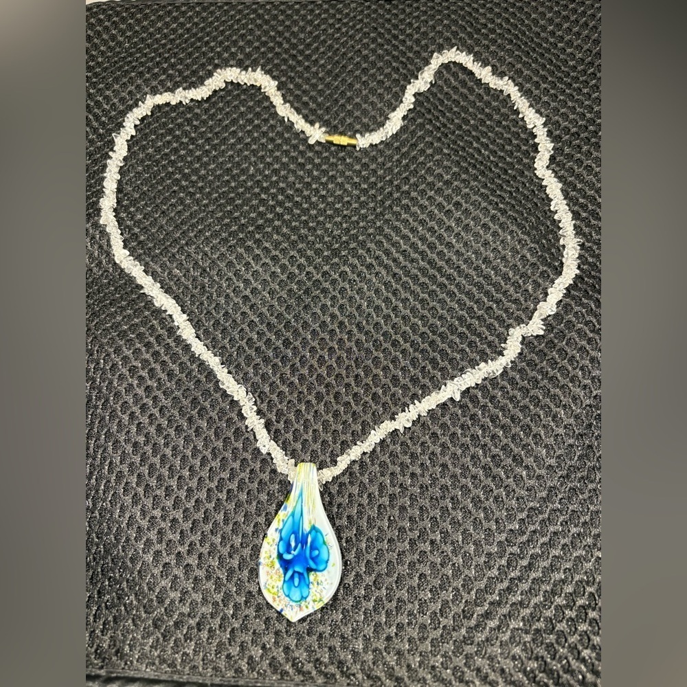 Delicate Floral Teardrop Glass Pendant Necklace with Vibrant Blue Flowers - Picture 6 of 12